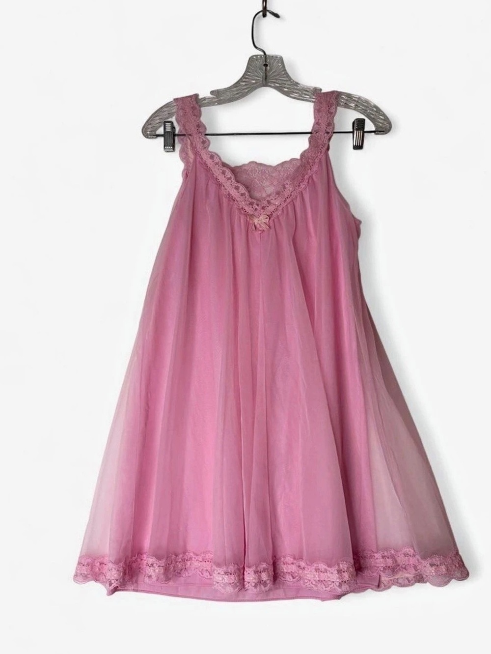 Vintage Vanity Fair Pink Double Chiffon Lace Babydoll Nightgown Small USA48